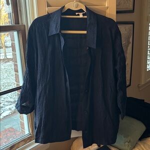 Eileen Fisher Navy Plaid Shirt 3/4 sleeve